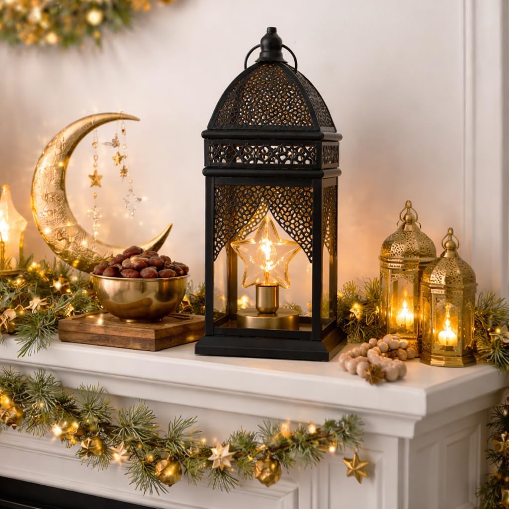 Ramadan Lanterns for Home Decor, Islamic Moon Star Ramadan Lights, Battery Operated Eid Mubarak Decorative Lamp, Ramadan Decorations for Party Table Wall Decor (Star)