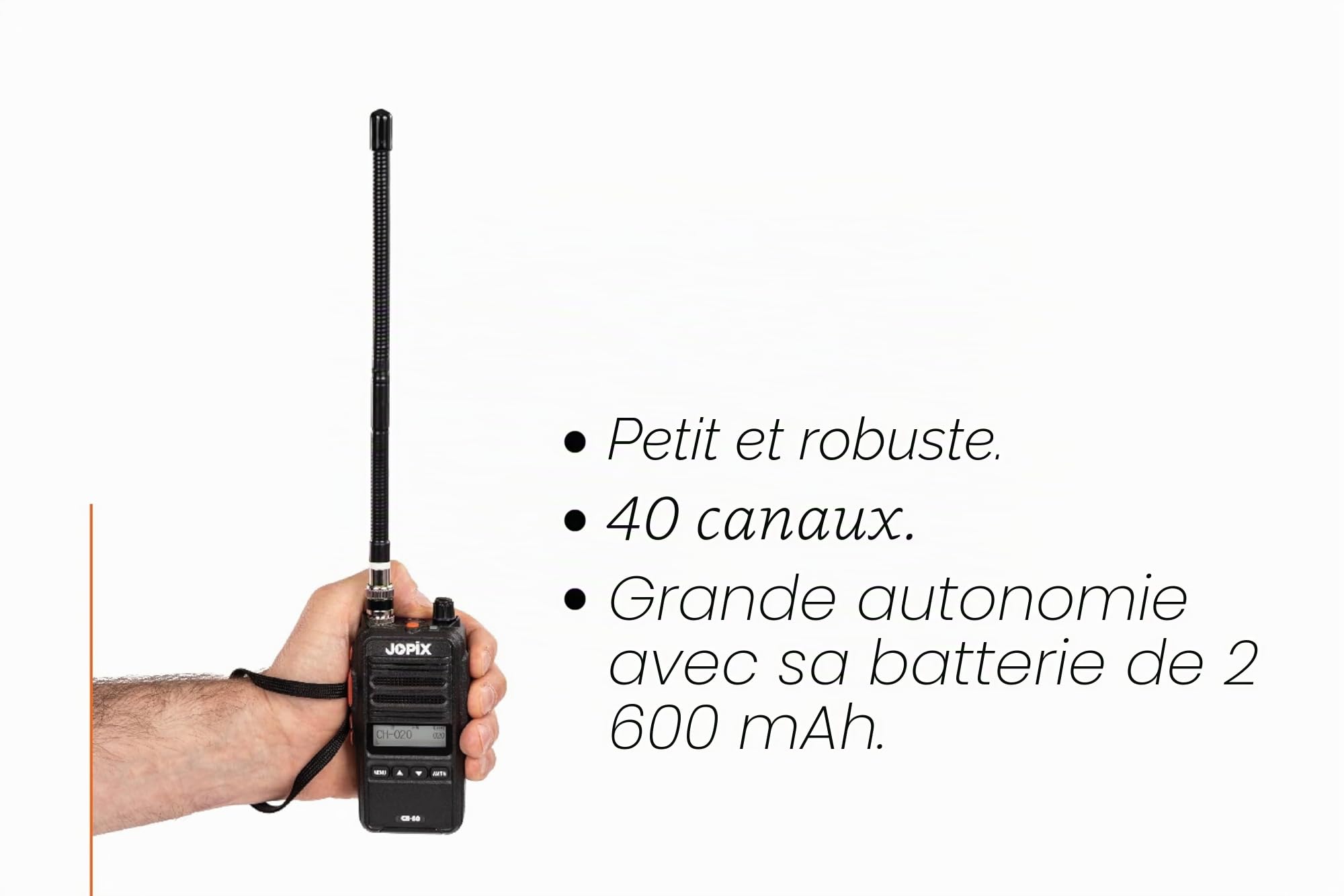 Jopix CB-80 Talkie-Walkie CB 27 MHz Portatif Multinorme (AM/FM) – Émetteur-Récepteur Portable pour Camion, Route et Convois – Batterie 2600mAh, Fonction VOX, Lampe LED