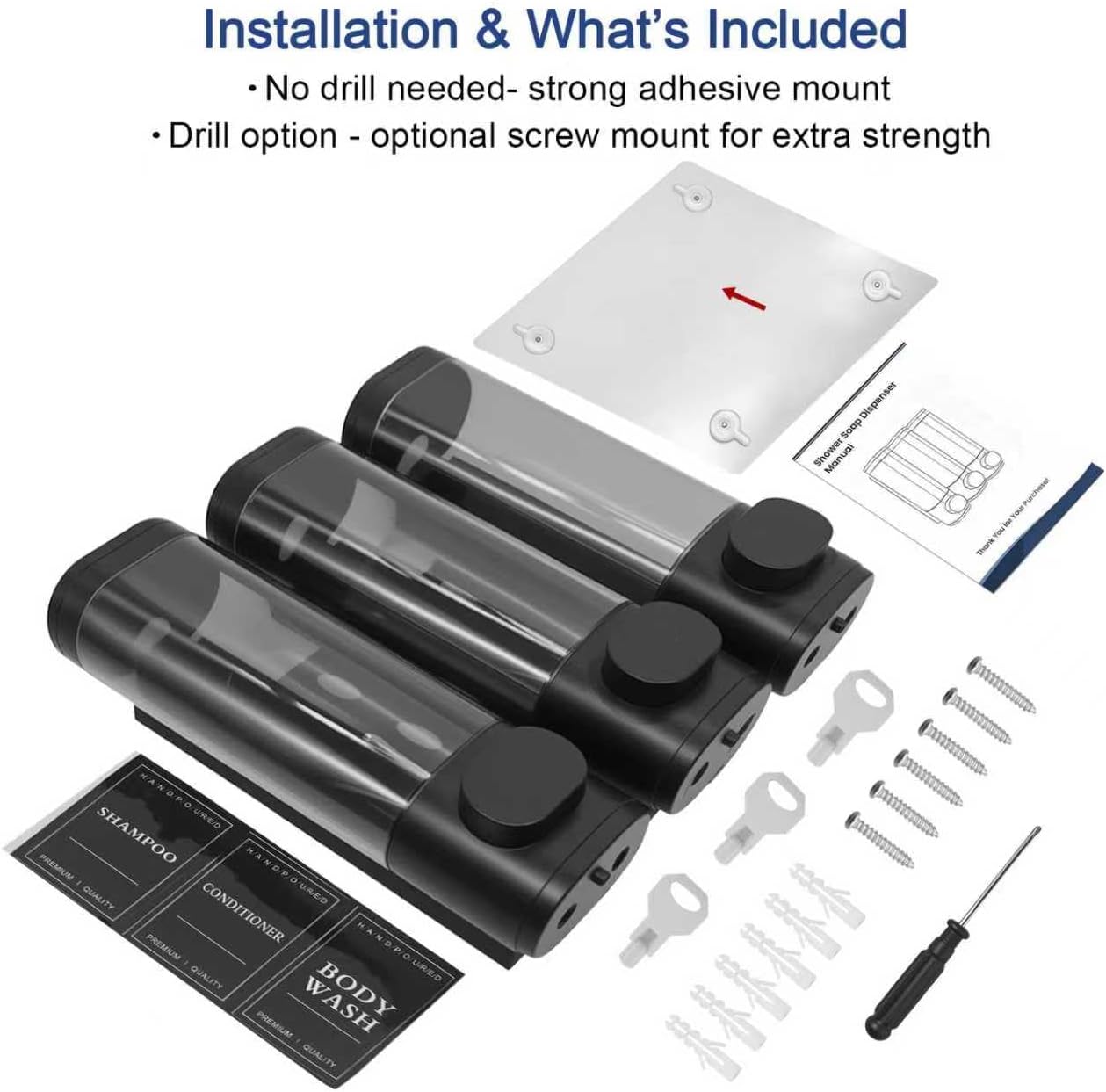 3-Chamber Wall Mount Shower Dispenser, No-Drill or Drill Install for Shampoo, Conditioner, Body Wash, Refillable Soap Dispenser for Home, RV & Hotel, Eco-Friendly & Space-Saving (Matte Black)