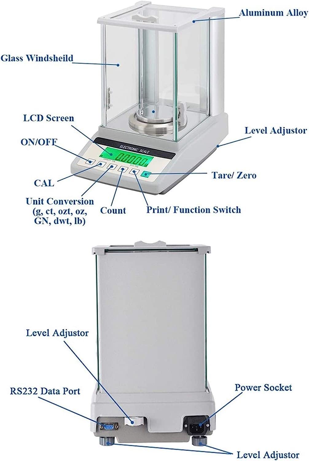 Balanza científica de 0,1 MG, balanza analítica de precisión para Laboratorio con Parabrisas de Vidrio, pesaje, conteo e Interfaz RS232 para Laboratorio y Farmacia.