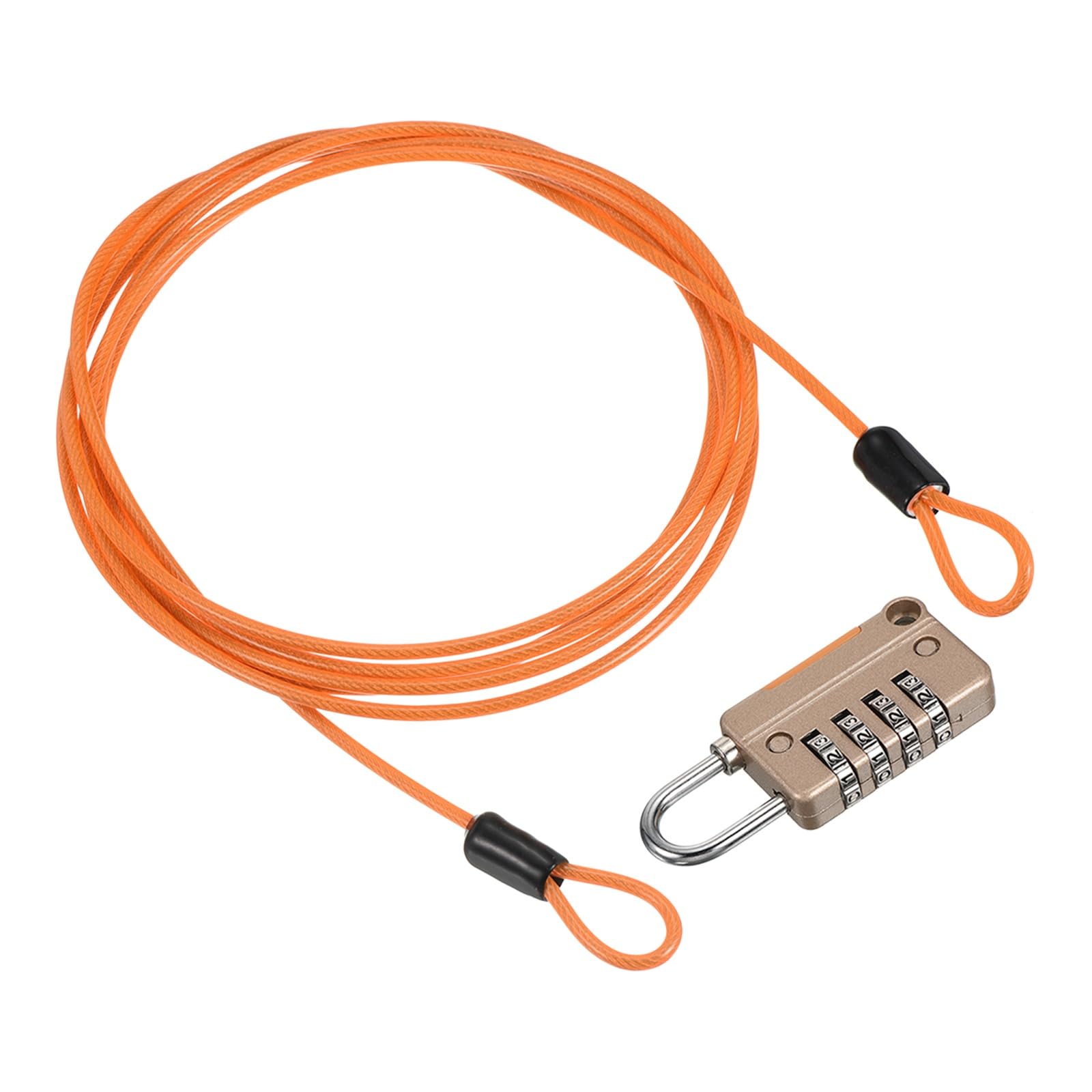 PATIKIL Security Steel Cable with 4 Digit Combination Lock, 1 Set 6.6Ft Coated Safety Wire Rope Double Loop Padlock for Outdoor Travel Luggage, Clear Orange Gold