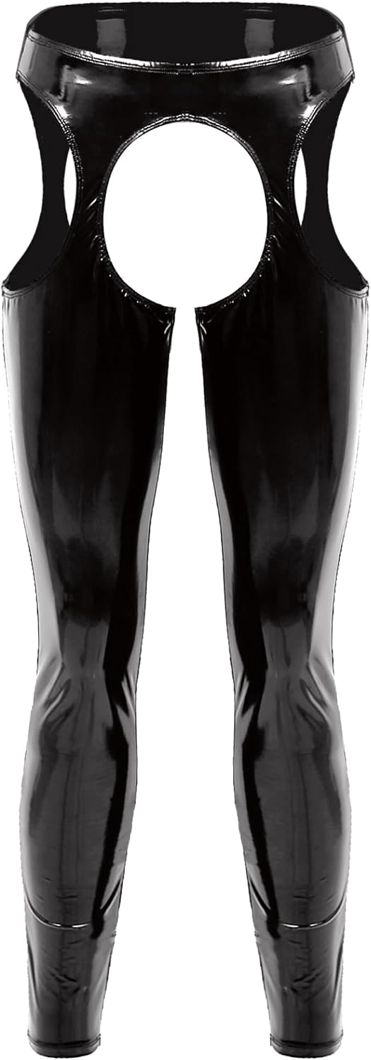 Sywiyi Mens Shiny PVC Leather High Waist Open Butt Slim Fit Leggings Tight Pants Long Trousers