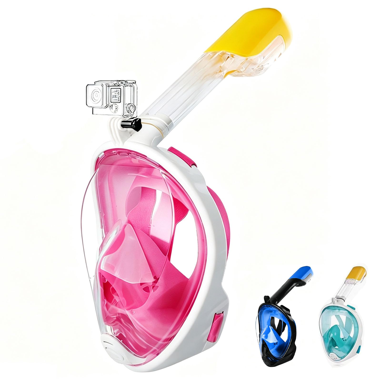 Snorkel Mask Full Face, 180ยฐview Snorkeling Gear with Panoramic Design- Sports Camera Compatible, Diving Mask with Anti-fog and Anti-leak Technology for Adults and Kids (1, Pink, L-XL)