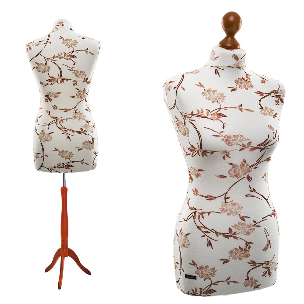 Schneiderpuppe / zum Probierpreis! / LUCCESI / Größen S - XL (Female) / Torso Size: S (34-36) / Wechselbezug Creme-Weiss/florales Muster (braun) / Standfuss Calvados / Schaufensterpuppe