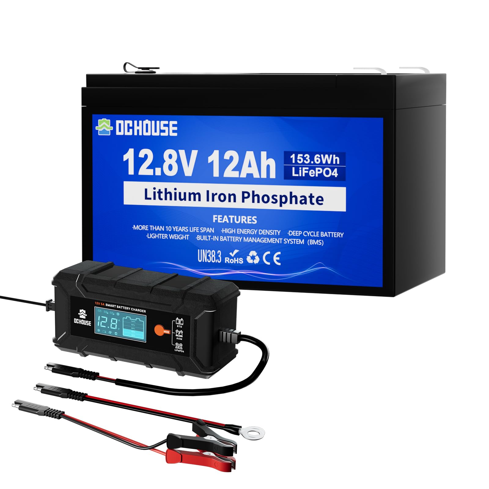 DCHOUSE 12V 12Ah LiFePO4 Batería de litio con Cargador de batería de 5A con 15A BMS, 10 años de vida útil, 10000+ ciclos, para Marina, Ride on Toy, Trolling Motor Fish Finder, Kayak, Power Wheels,UPS