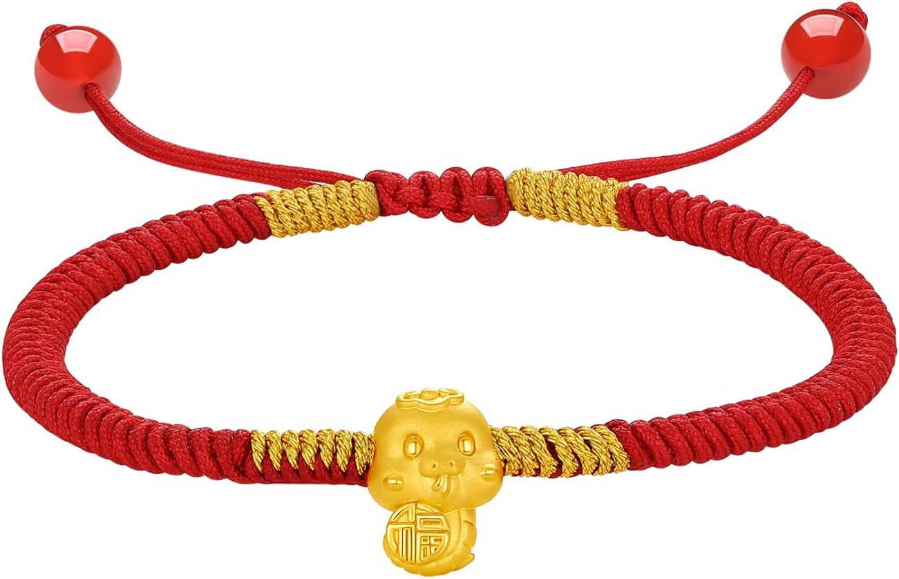 ZHOU LIU FU 24K Solid Gold Bracelet Chinese Zodiac Snake Pure Gold Charm Red Braided Bracelet Cute Animal Jewelry for Women Mom Daughter Birthday 6.3-8.7"(16+6cm) A1713121