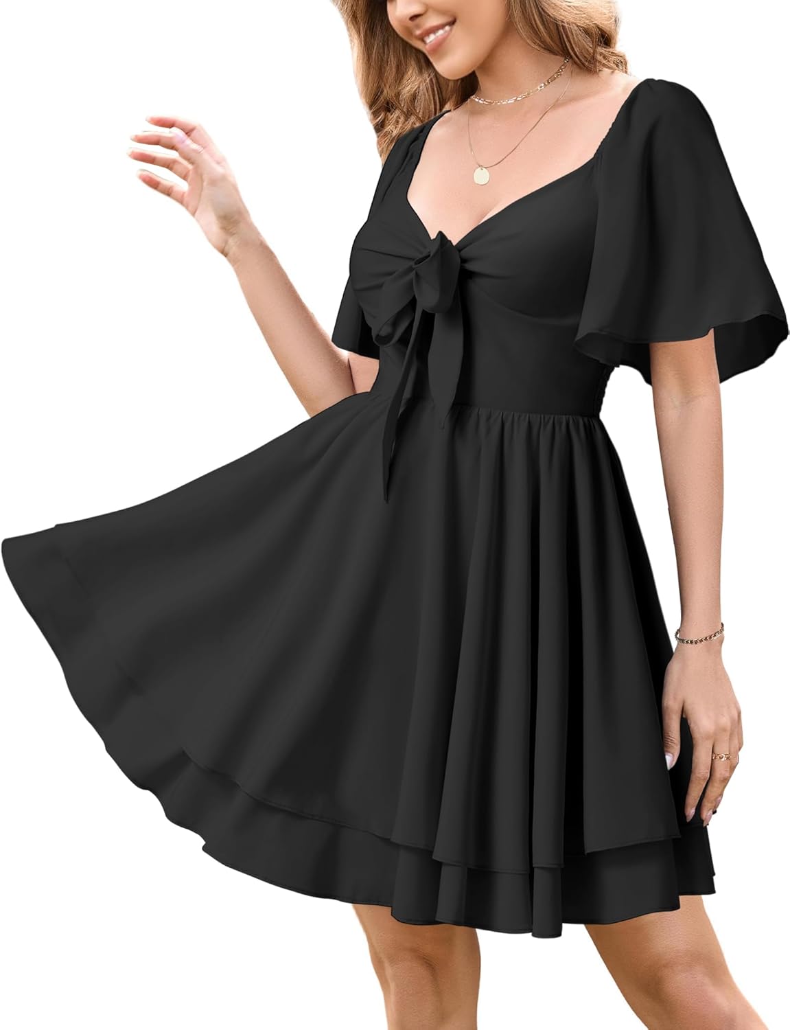 Vrtige Women's Deep V Neck Bow Tie Dress Short Sleeve A Line Mini Beach Flowy Tiered Dress
