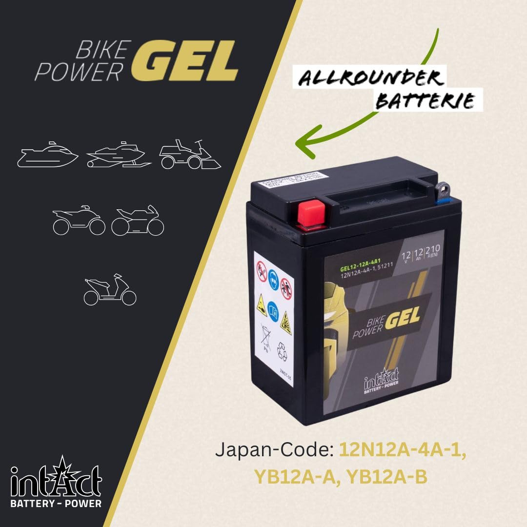 intAct - GEL MOTORRADBATTERIE Bike-Power GEL12-12A-4A1. Ersetzt 12N12A-4A-1. Motorradbatterie 12Ah 210A. Maße: 135x81x161mm. Mit bis zu 30% mehr Startleistung.