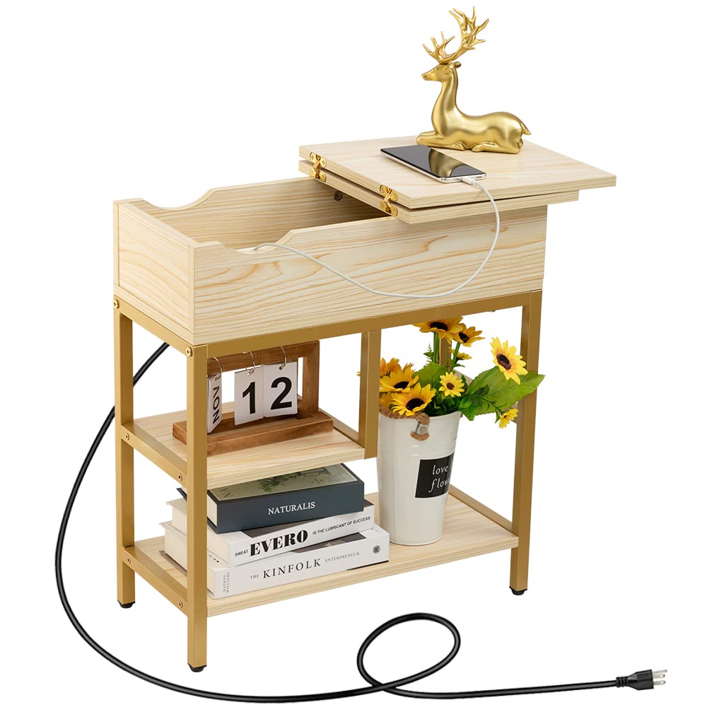Hadulcet Side Table with Charging Station, Flip Top End Table with Storage Shelf for Living Room Bedroom Small Space Gold & Beige