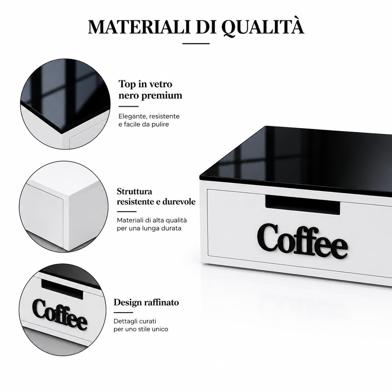 Porta Capsule con Cassetto e 3 Scomparti, Organizer Coffee Station con Top in Vetro, Portacialde da Appoggio, Contenitore Capsule per Angolo Caffè 30x30x10 cm (Nero)