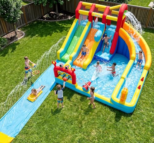 Whubefy 25.6ft Triple Ocean Splash Inflatable Water Slide Park, 16.3ft Detachable PVC Sprinkler Slide wth Bodyboards, Dump Bucket, Crab Ring Toss & Target Toss Station, Deep Pool for Kids Backyard Fun