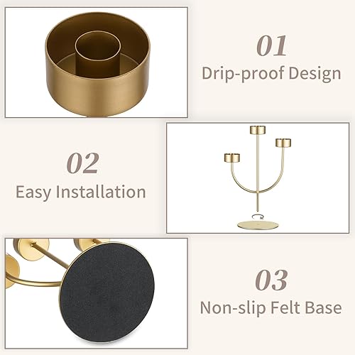 Miniatura 5 de Sziqiqi Candelabro dorado para centro de mesa de boda 3 portavelas de brazo con cilindro para palito de vela cónico - Juego de 2 portavelas de metal