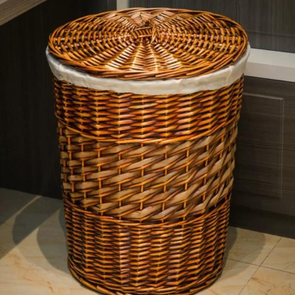 Round Wicker Laundry Hamper with Lid and Liner Bag, Rattan Large Clothes Organizer for Toys and Books (36X44cm)