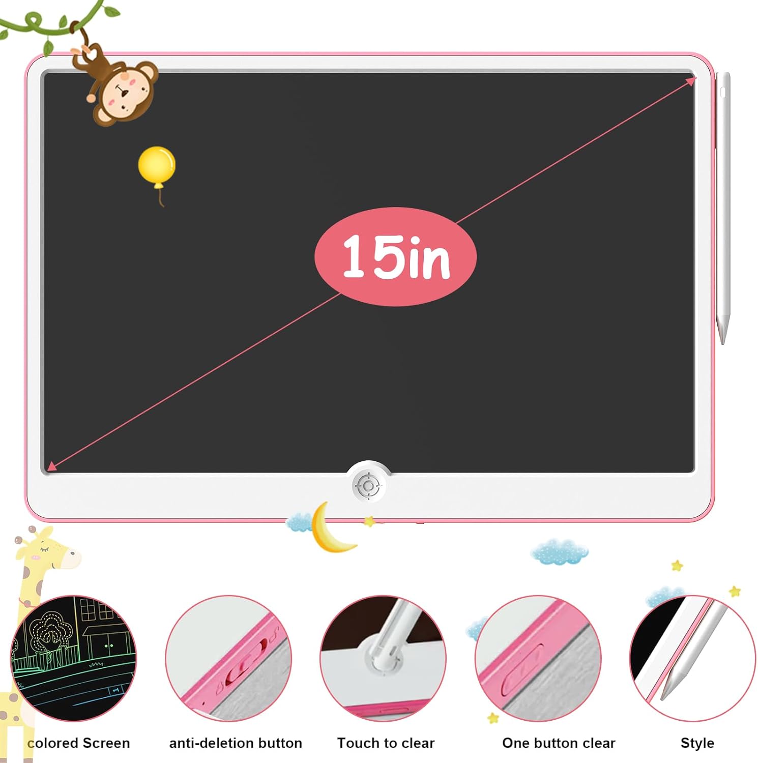 LCD Writing Tablet for Kids, ienRon 15 inch Quality Erasable Drawing Toddler Doodle Board for Kids, Preschool Toys for Baby Girls Boys, Rechargeable Toddler Drawing Board for Ages 3  Years Old, Pink