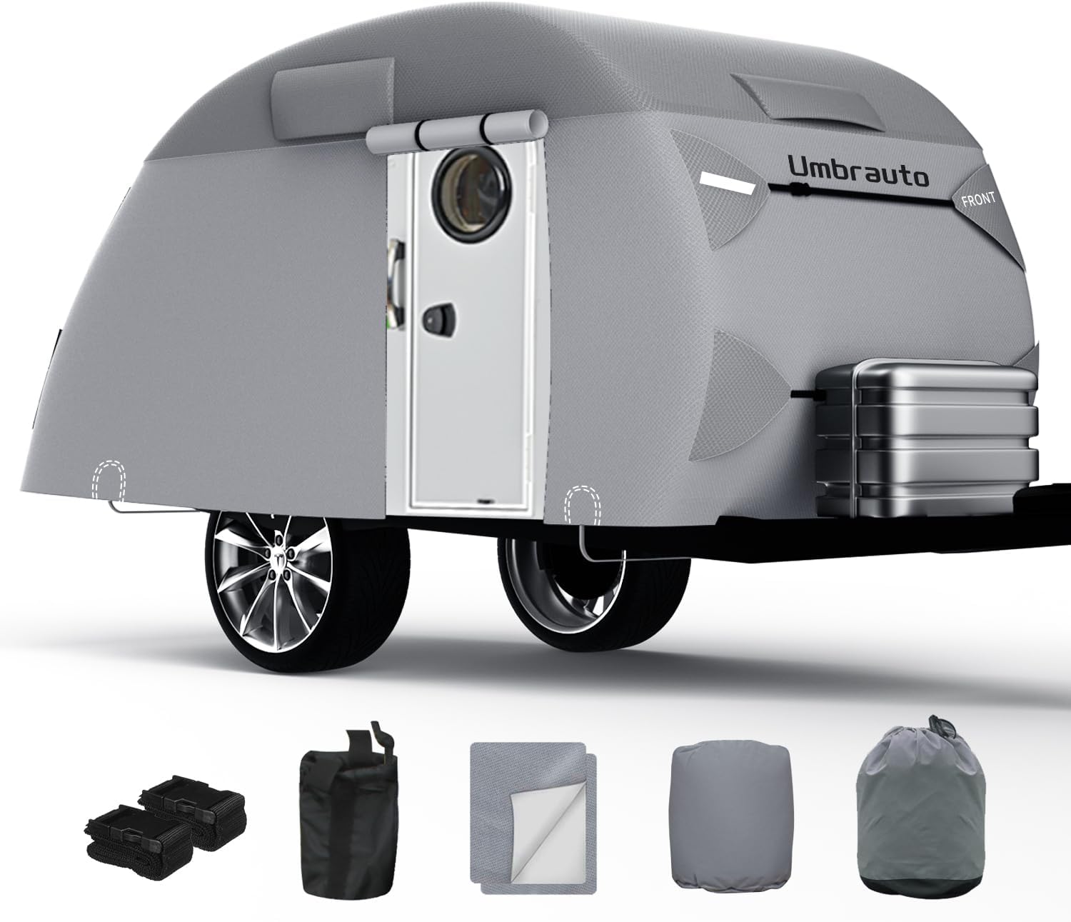 Umbrauto Teardrop Travel Trailer Cover - 8'-10' Fits R-Pod & Clamshell Trailers, 7 Layers Top Heavy Duty Waterproof Camper Cover with Windproof Strap Teardrop RV Cover Fits 8-10FT