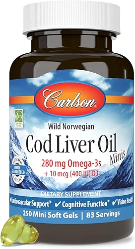 Miniatura 5 de Carlson - Minis de aceite de hígado de bacalao, 280 mg de omega-3 + vitaminas A y D3, soporte cardíaco y función cognitiva, salud de la visión, 250