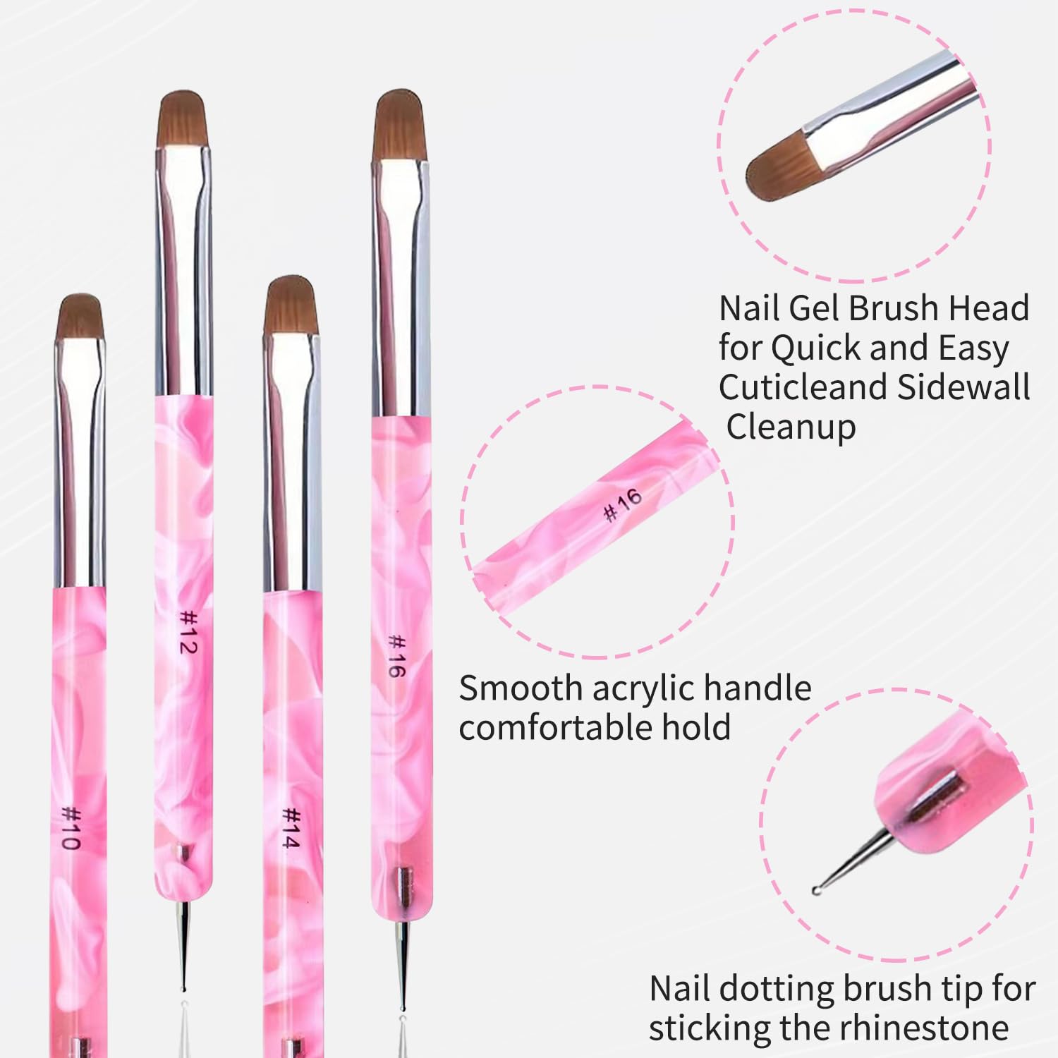 4Pcs French Tip Brush, Double-Ended French Brush for Nails with Dotting Tool, Clean Up Brushes for Gel Nail Polish, Size 10/12/14/16, Acrylic Nail Art Brushes, Manicure Tools for DIY Nail Design-Pink