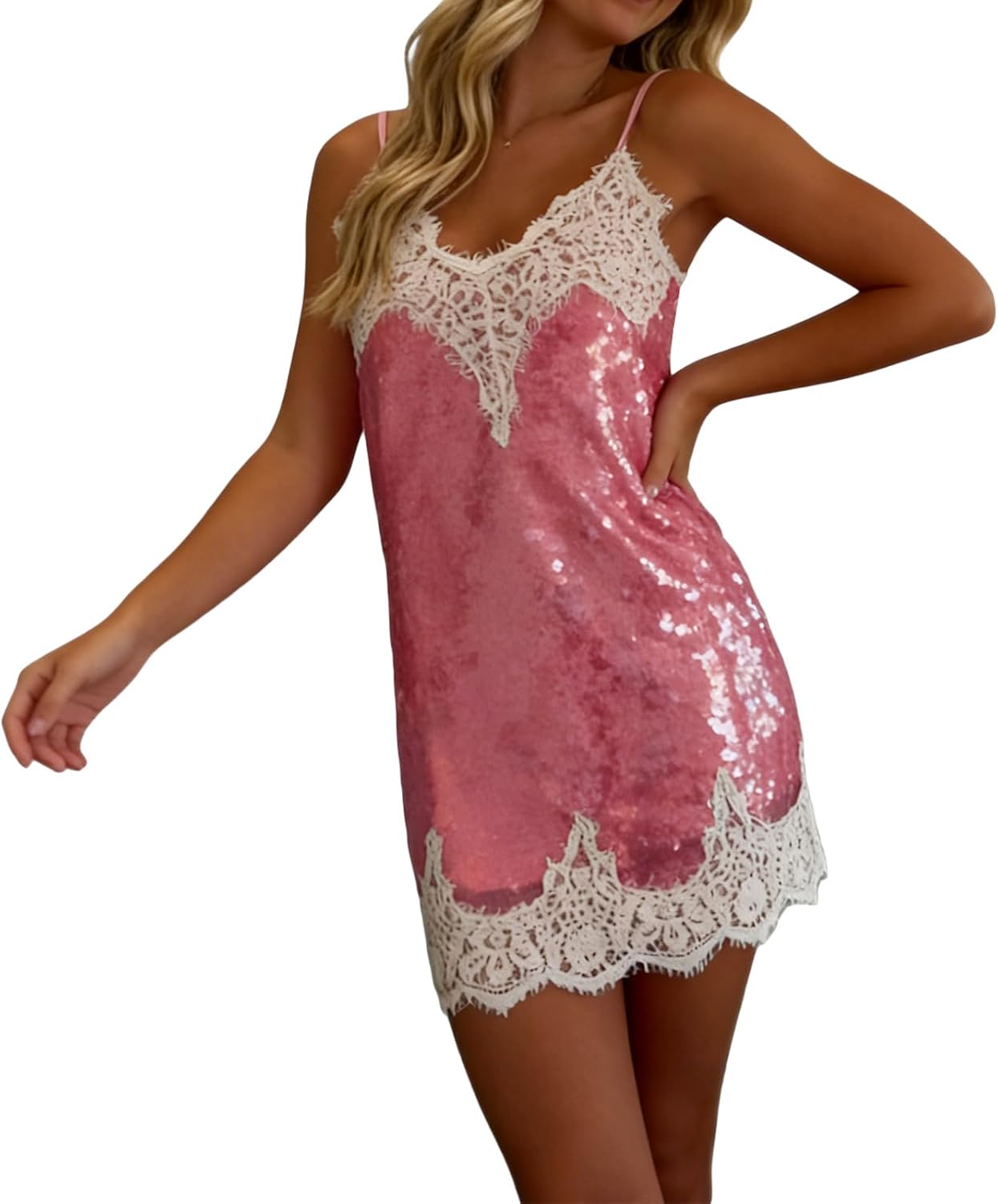 Women's Y2K Lace Trim Sequin Cami Mini Dress, Strap Deep V Neck Sparkly Bodycon Dress for Club Party