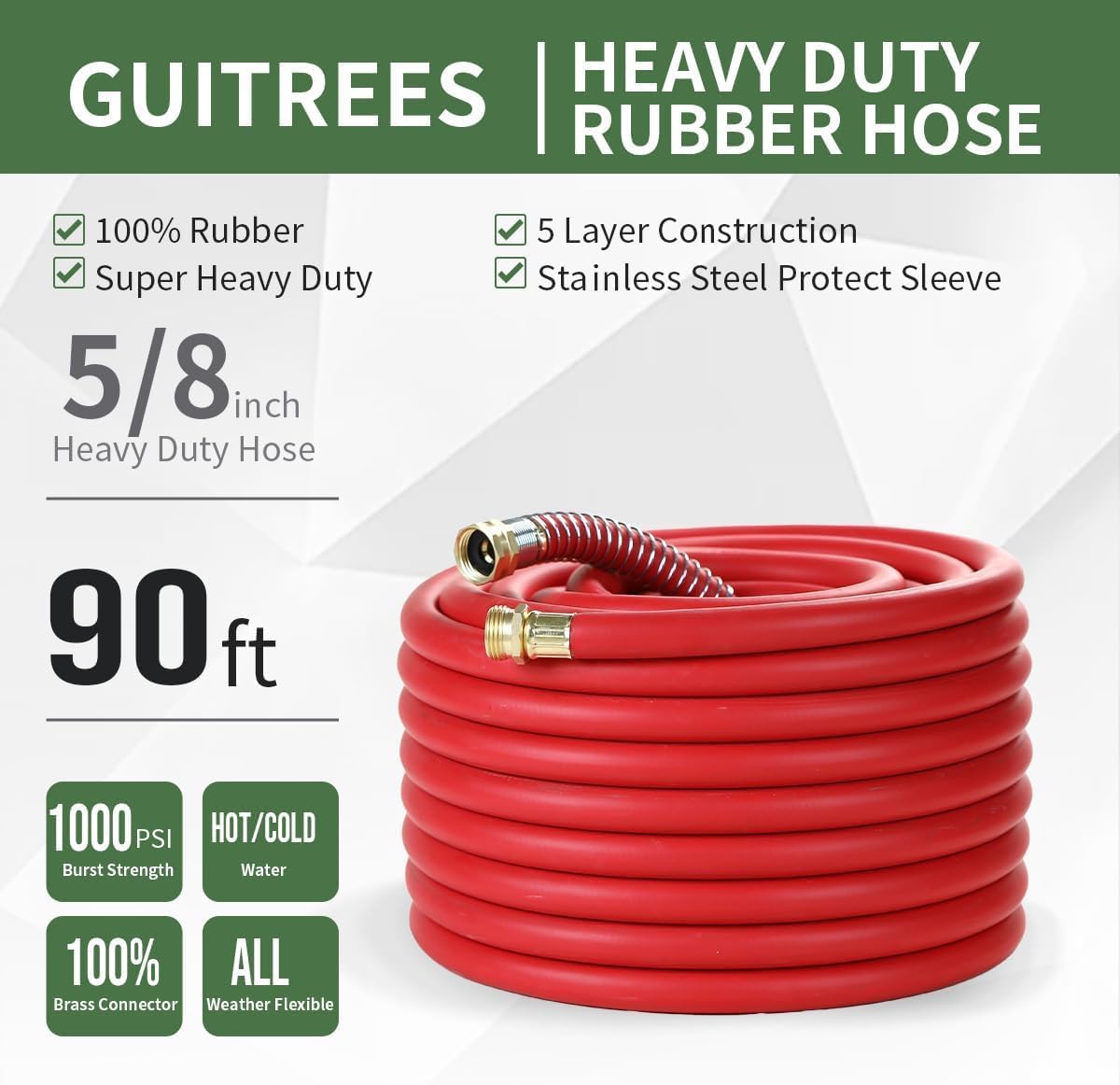 Garden Hose 90FT x 5/8”, Heavy Duty Rubber Hose, Water Hose with Five-Layered Braiding, Hot/Cold Water, 1000PSI Burst, 200PSI Working (Red)