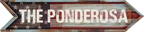 The Ponderosa - Letrero decorativo de aluminio compuesto de 4 x 18 pulgadas con forma de flecha de bandera estadounidense rústica y antigua.