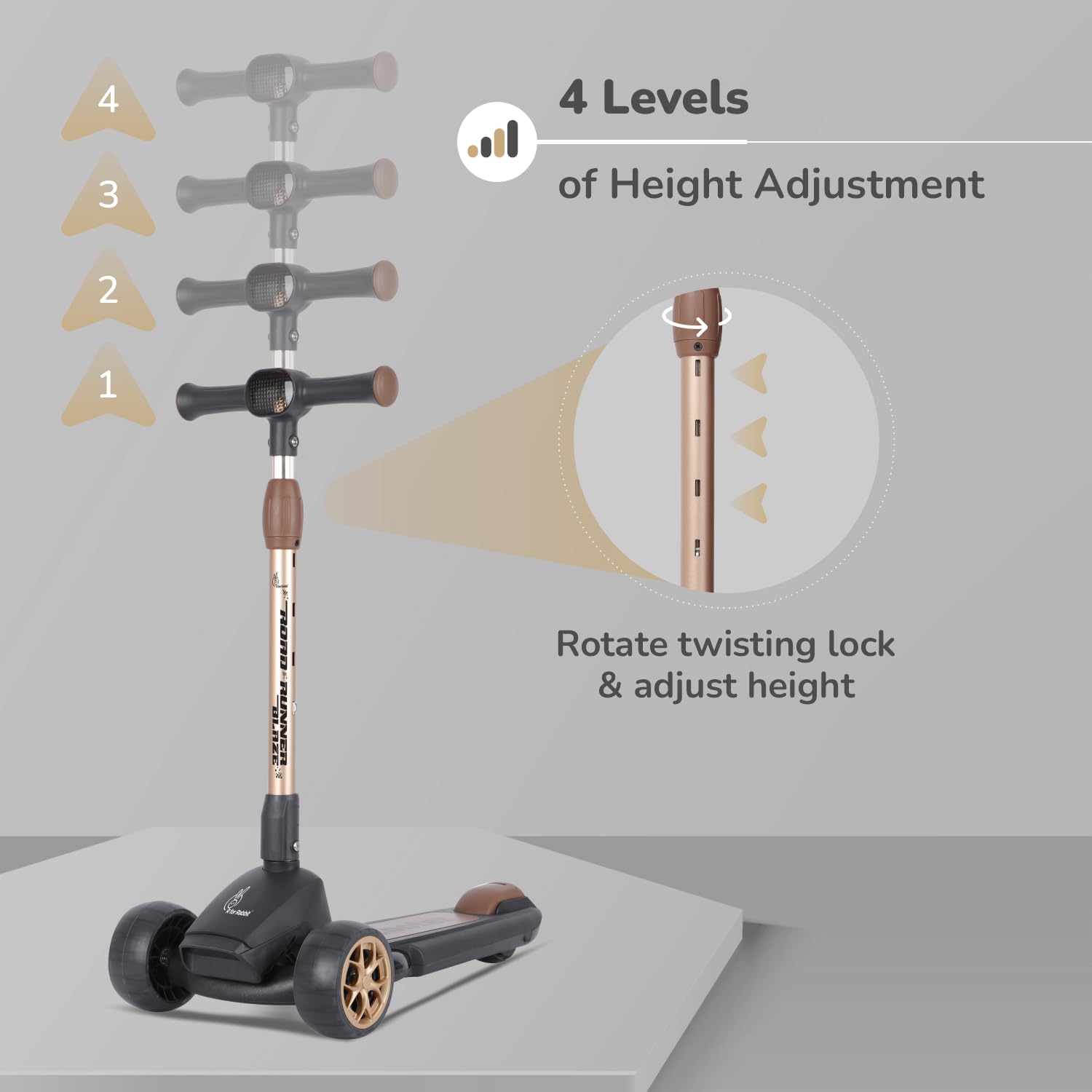 R for Rabbit Road Runner Blaze Foldable Kick Scooter for Kids with 4 Level Adjustable Height, PU LED Wheels, Lights and Music for 3+ Years Baby Boy & Girl of Upto 75kg Weight (Black Gold) 2
