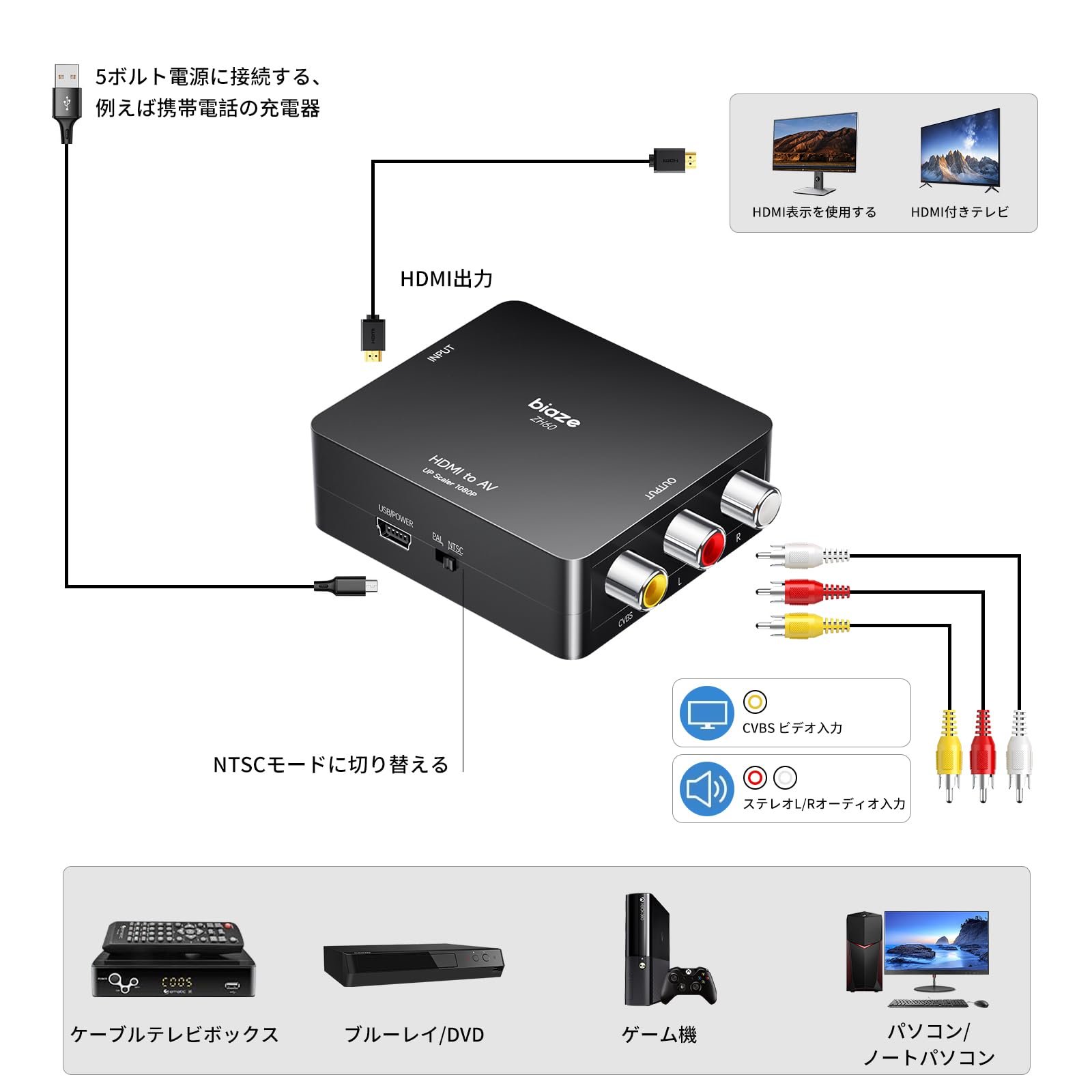 Amazon | Biaze RCA to HDMI 変換コンバーター AV to HDMI 変換器 3色