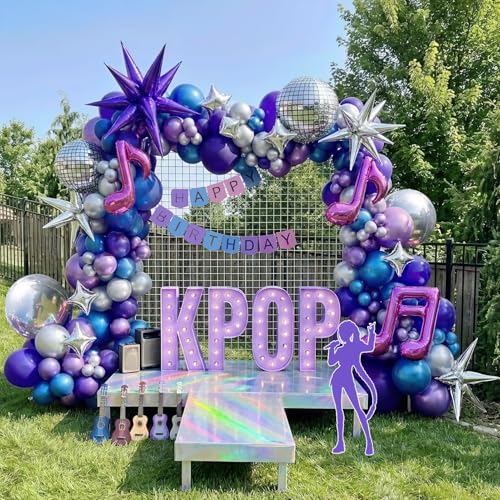 Chrome Purple and blue Disco Balloon garland Arch Kit 160pcs Metallic disco party with Star disco ball balloons for Galaxy k-pop music theme birthday 2025 new year graduation prom decorations
