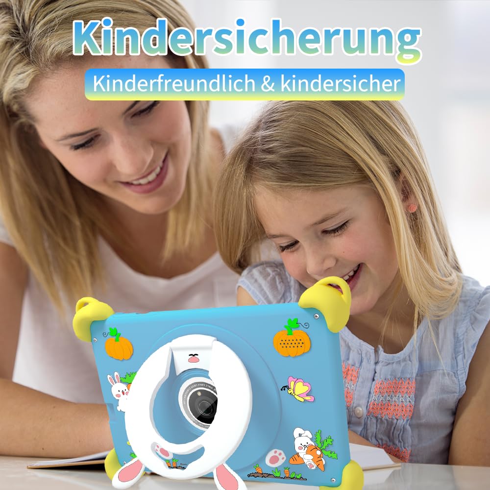 Veidoo 7-Zoll Android Kinder-Tablet, 2+32 GB, Dual-Kameras, stoßfeste Hülle, integriertes Hasen-Ständer-Design, Abnehmbarer Schultergurt, Quad-Core Prozessor, iwawaAPP, Elternkontrolle