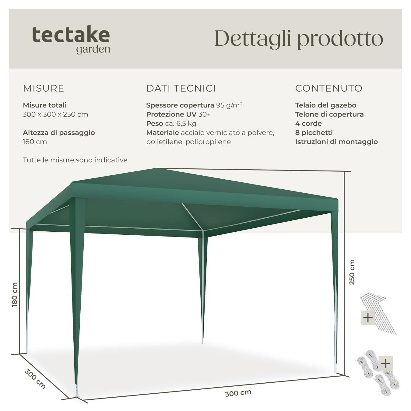 tectake® gazebo 3x3 m, impermeabile, pieghevole, struttura in acciaio, copertura con protezione UV, tendone da esterno, per fiere, spiaggia, gazebo esterno resistente, con corde e picchetti - Verde