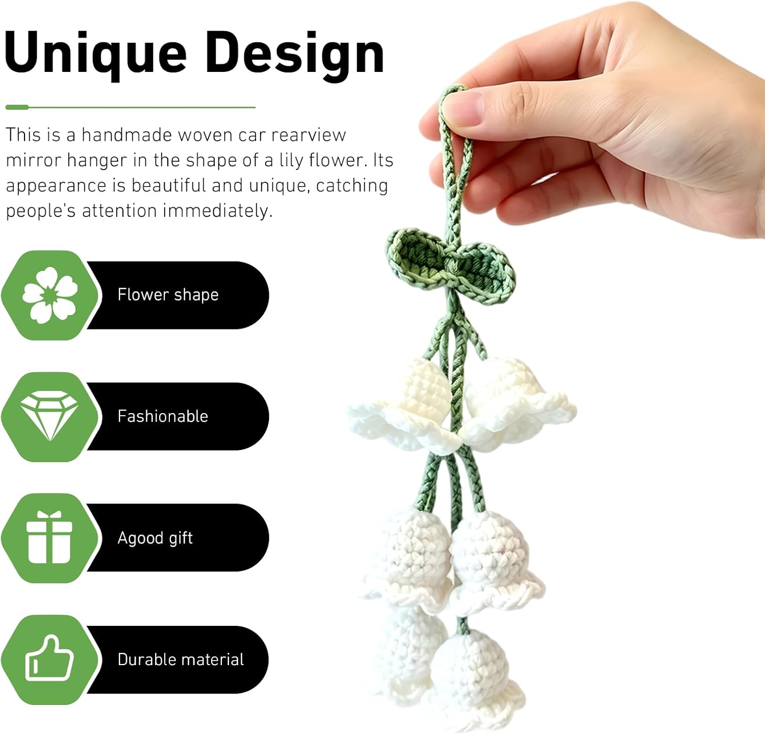 Car Mirror Lily Flower Hanging Ornament, Handmade Knitted Sweet Flower Design Rear View Mirror Pendant, Gradient Auto Interior Rearview Decor, Universal for Most Cars, SUVs, Trucks (White) image 3