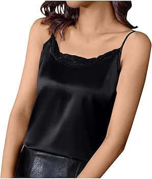 Womens Silk Tank Top Lace Trim V Neck Camisole Spaghetti Strap