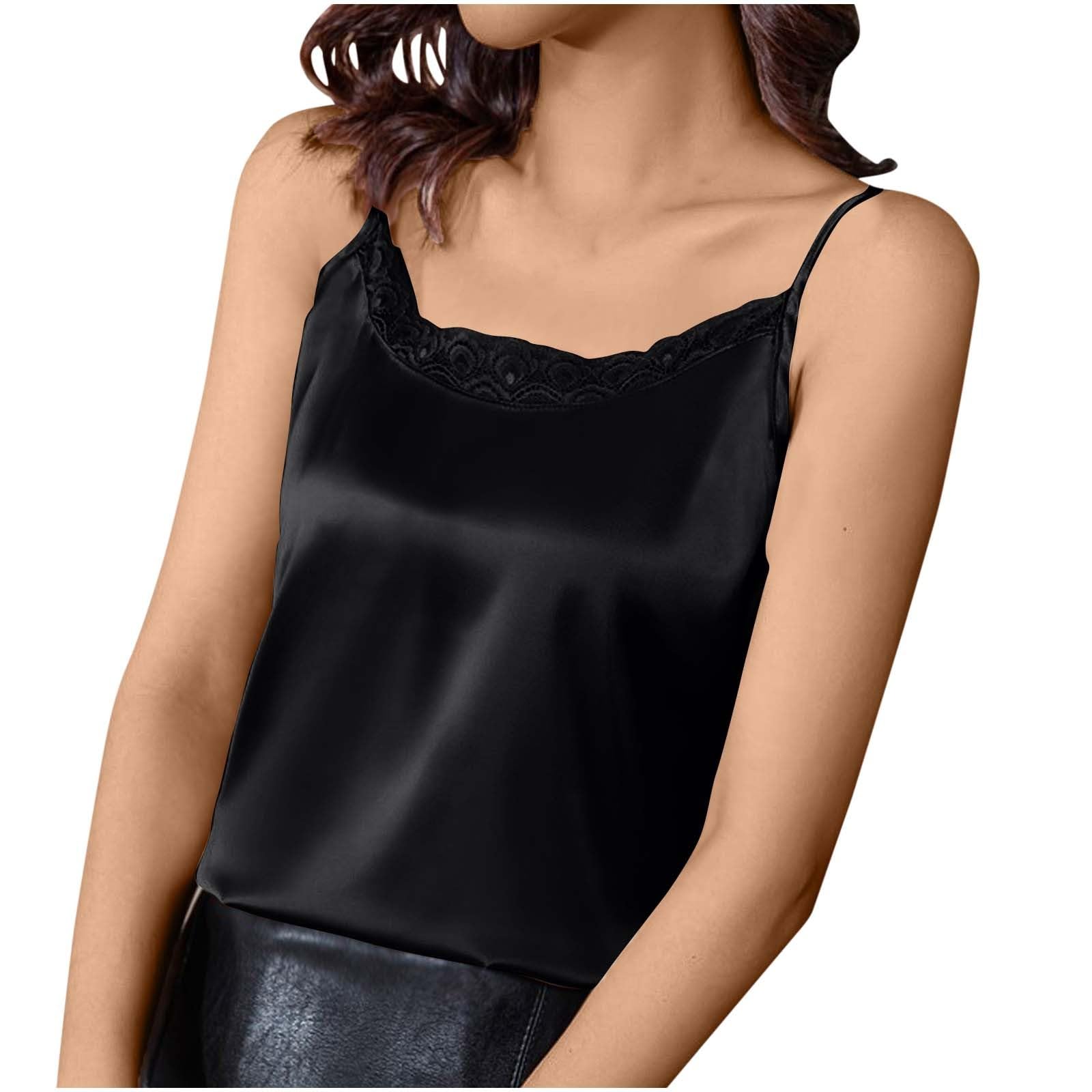 Camisole Tops for Women Sliky Satin Spaghetti Strap Tank Top Lace Trim Scoop Neck Cami Shirts Loose Pajama