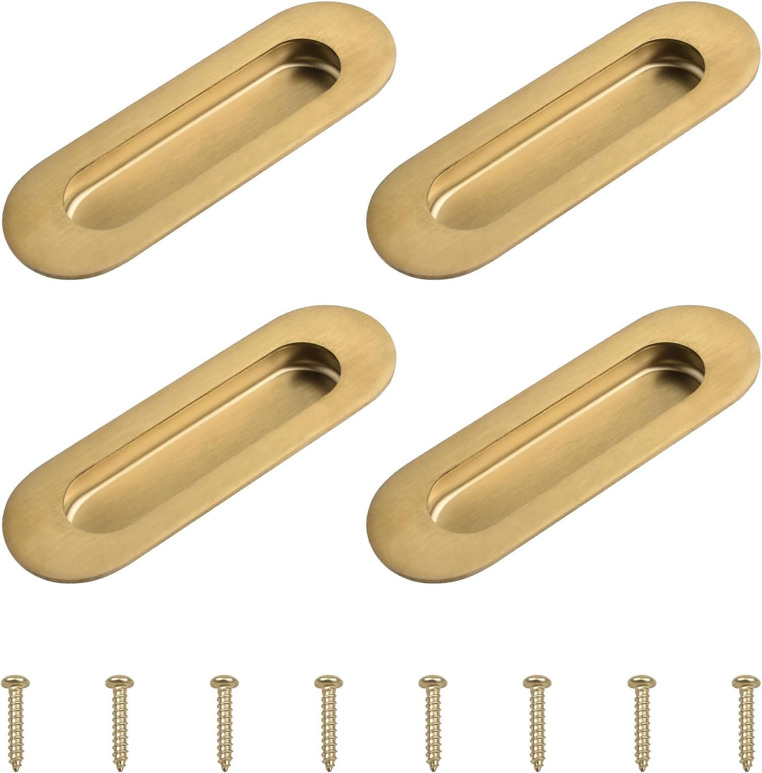 MOROBOR 4 Pack Stainless Steel Side Hole Flush Pull, Oval Embedded Sliding Door Handle Recessed Finger Pulls with Hidden Screws for Drawer Cupboard Wardrobe/Brushed Gold