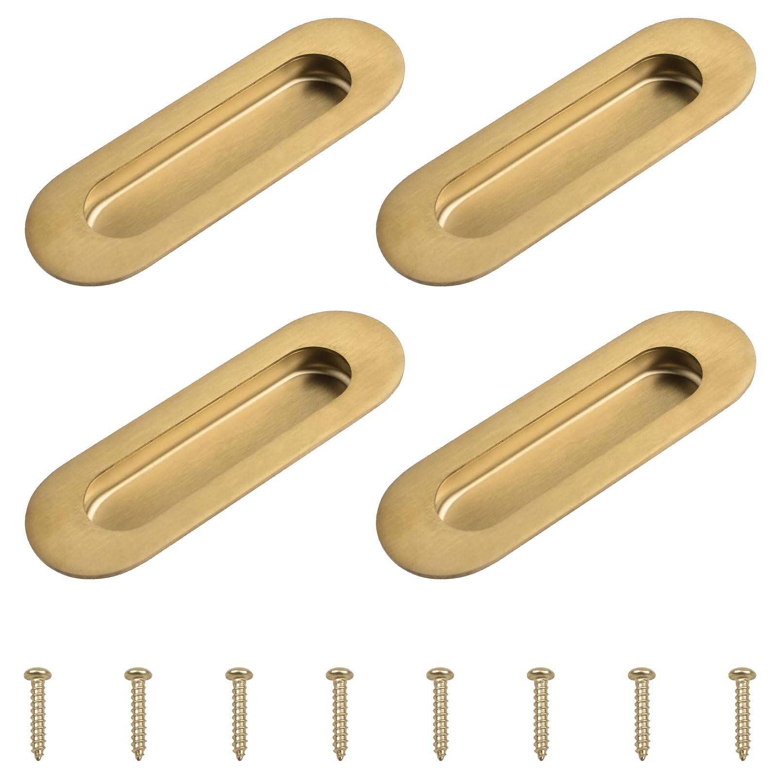 MOROBOR 4 Pack Stainless Steel Side Hole Flush Pull, Oval Embedded Sliding Door Handle Recessed Finger Pulls with Hidden Screws for Drawer Cupboard Wardrobe/Brushed Gold