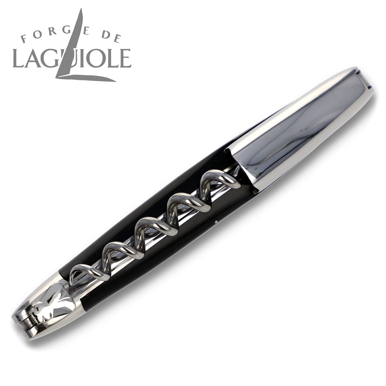 Forge de Laguiole Sommelierbesteck - Griff Büffelhorn schwarz - Edelstahl glänzend - Kellnermesser Weinöffner Frankreich