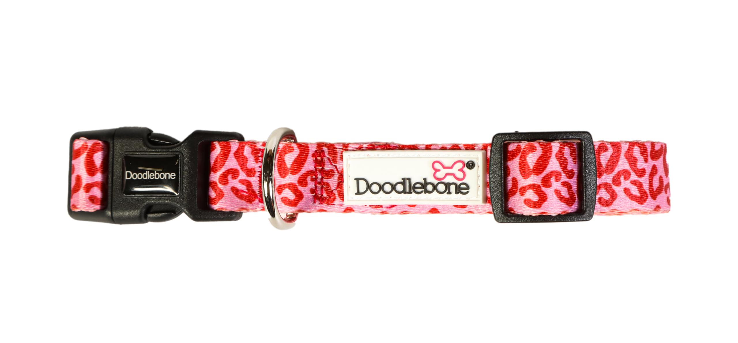 Doodlebone – Dog Collar – Adjustable Strong Collar with Secure D Ring, Strength Tested Components & Machine Washable Design for Everyday Walkies – Size 3-6, 30-50cm - Ruby Leopard