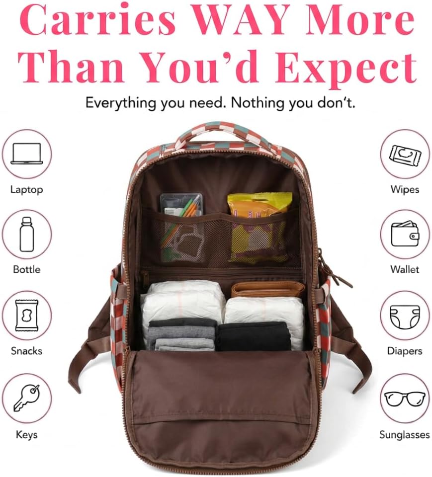 Minimax Checkered Mini Backpack for Women, Roomy Small Backpack with 11 Pockets, Lightweight Hands-Free