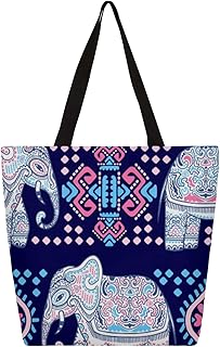 Sacola de lona para mulheres elefante étnica grande sacolas para homens com bolsos sacolas de compras resistentes sacolas de compras reutilizáveis, bolsa de ombro casual para escola, trabalho, praia, Multicor