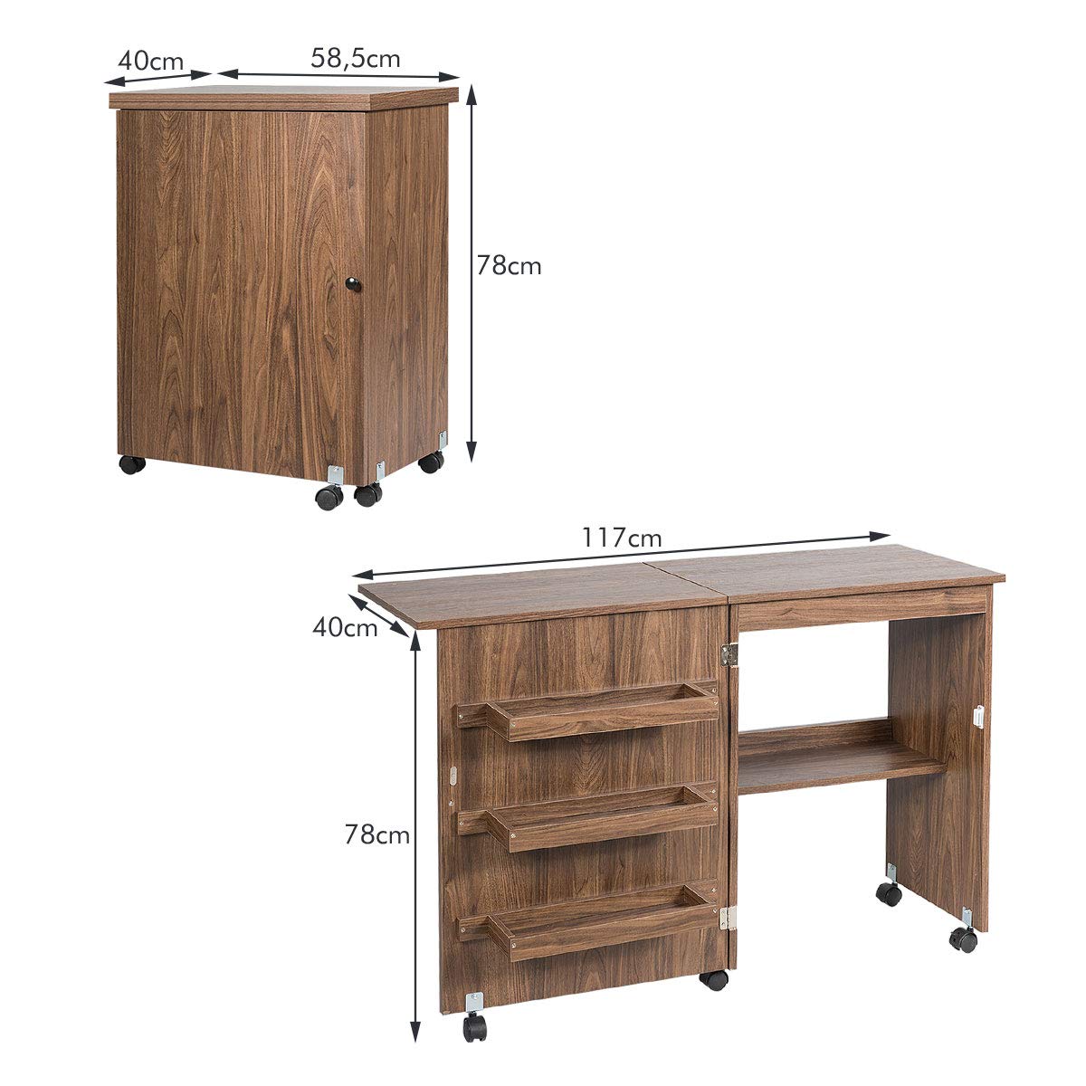 DREAMADE Nähtisch Nähmaschinenschrank Faltbar, Nähschrank Nähmöbel, Mehrzwecktisch mit 4 Rollen (Braun)