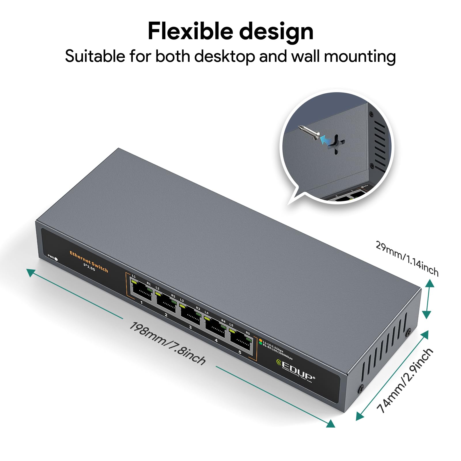 Commutateur Ethernet 2,5 Gigabit, 5 ports, commutateur Ethernet multi-gigabit, non géré, sans ventilateur, Plug & Play, répartiteur réseau fiable, idéal pour les jeux, NAS, PC, silencieux, bureau