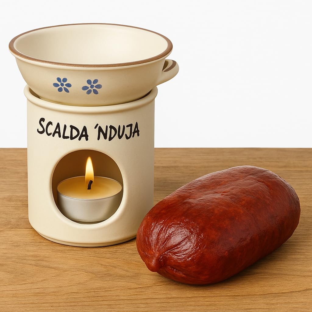 Set di Scalda-nduja in ceramica + nduja Di Spilinga calabrese artigianale Val D'esaro (Scalda Nduja + Nduja Insaccato tipico 400 g)