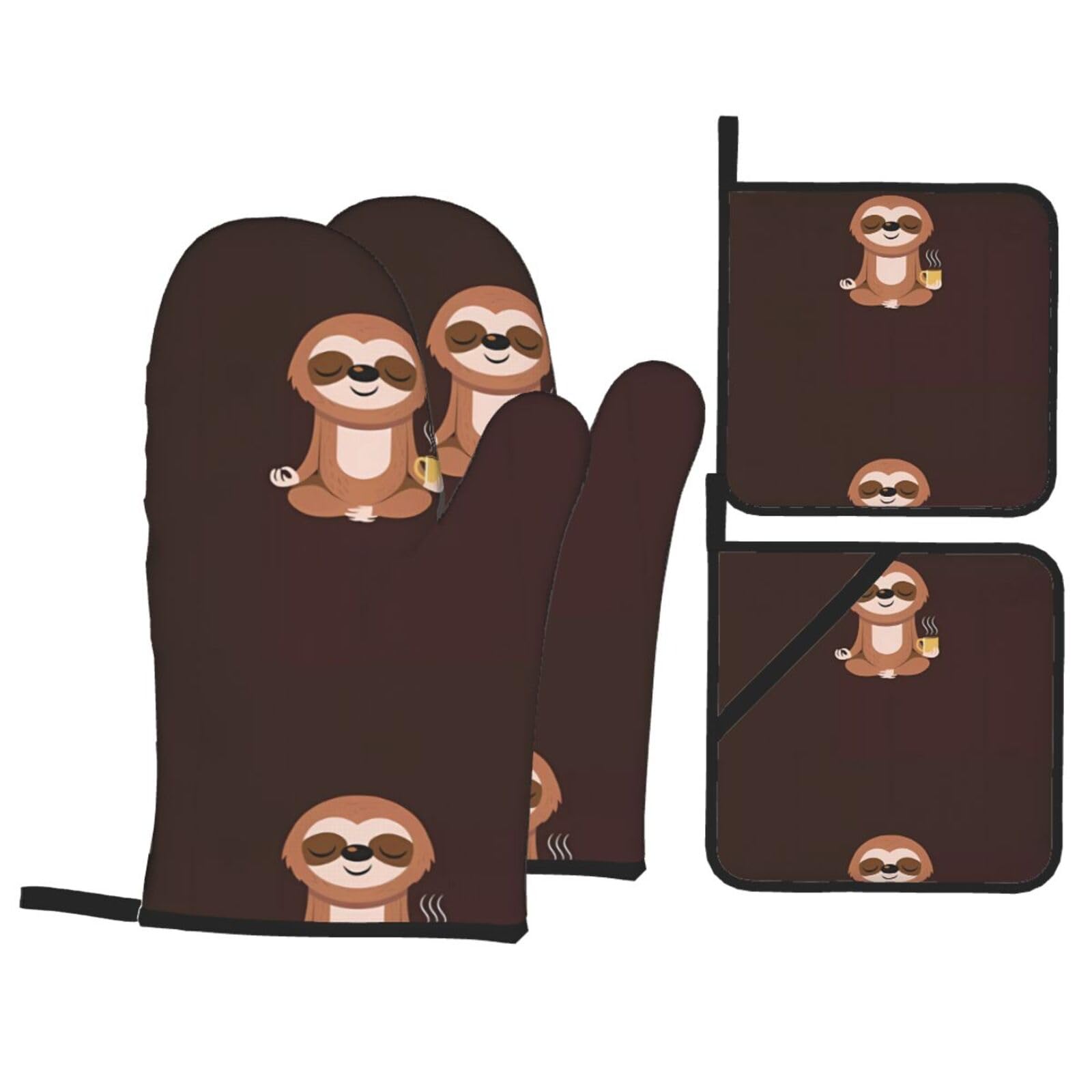 WHJSSF Yoga Sloth Coffee Prints 4-Piece Waterproof Oven Throws & Heat Resistant Pot Covers – Durable Kitchen Layers for Grilling & Baking