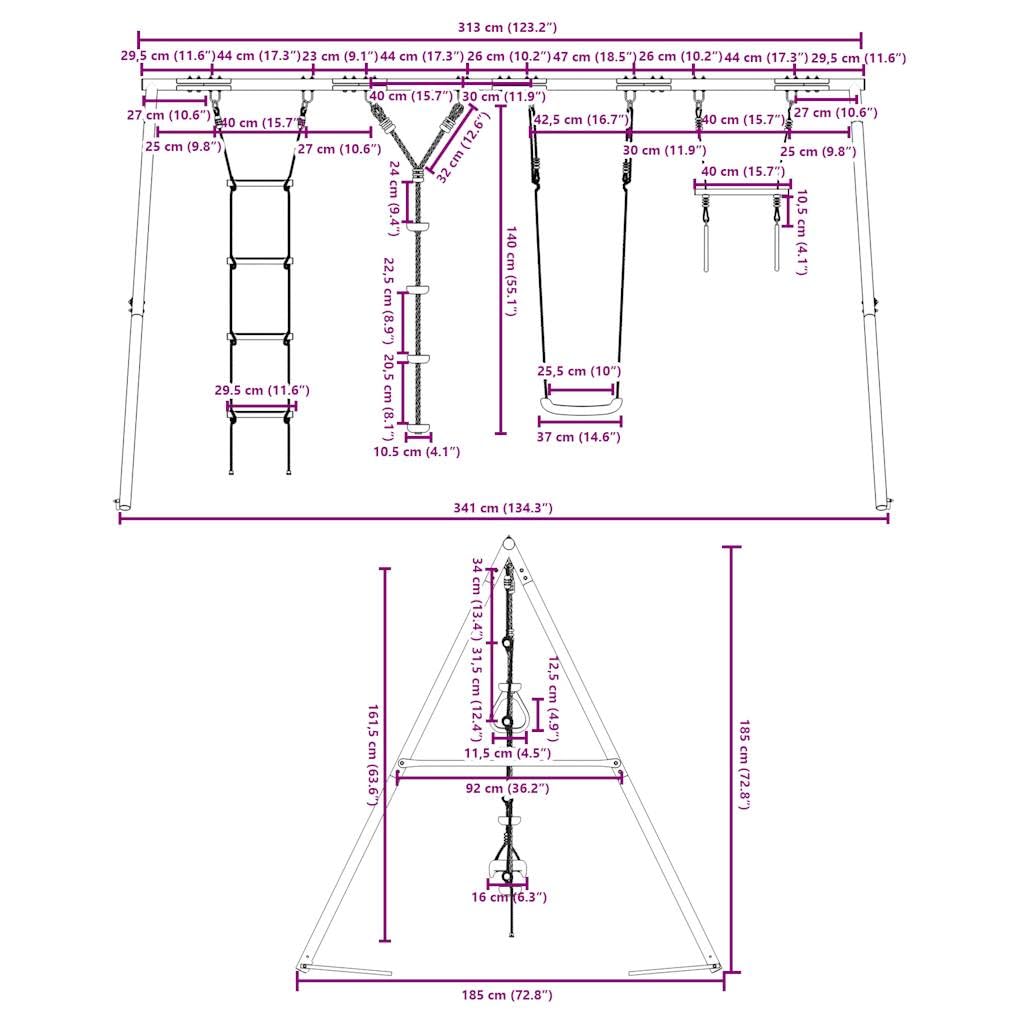Juego de columpio con columpio trapezoidal, escalera de cuerda y cuerda de escalada de acero lacado, 341 x 185 x 185 cm, para jardín al aire libre, parque infantil, promueve movimiento