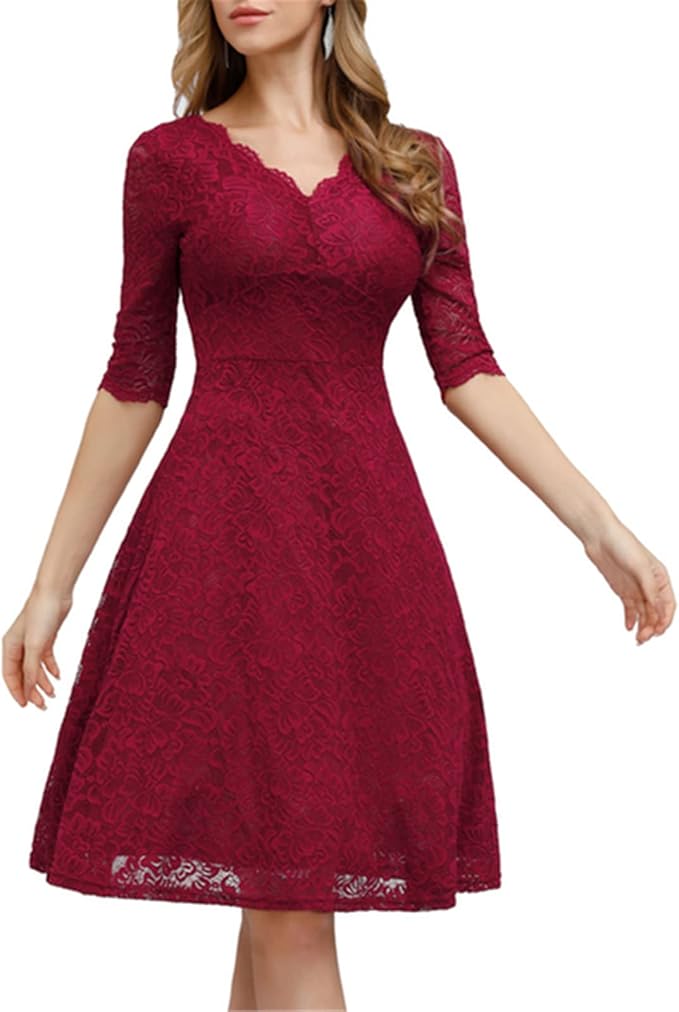 JASAMBAC Cocktail Dress for Women Vintage Wedding Guest Lace Midi Dress Party