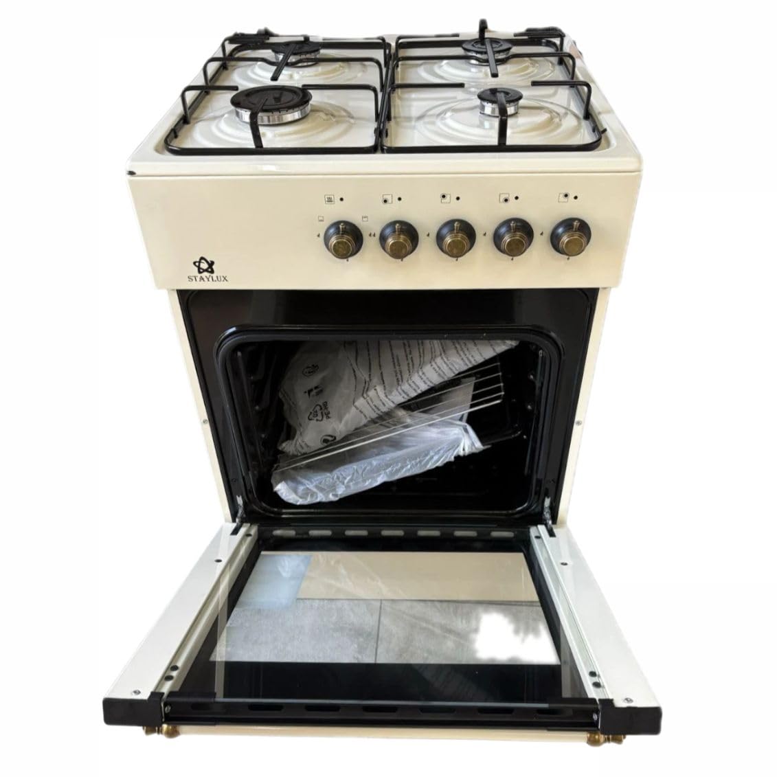 Cucina a Gas 4 Fuochi con Forno a Gas 49L, Beige Vintage, 50x50 cm, Accensione Manuale, Doppio Vetro, Valvola di Sicurezza, con Coperchio