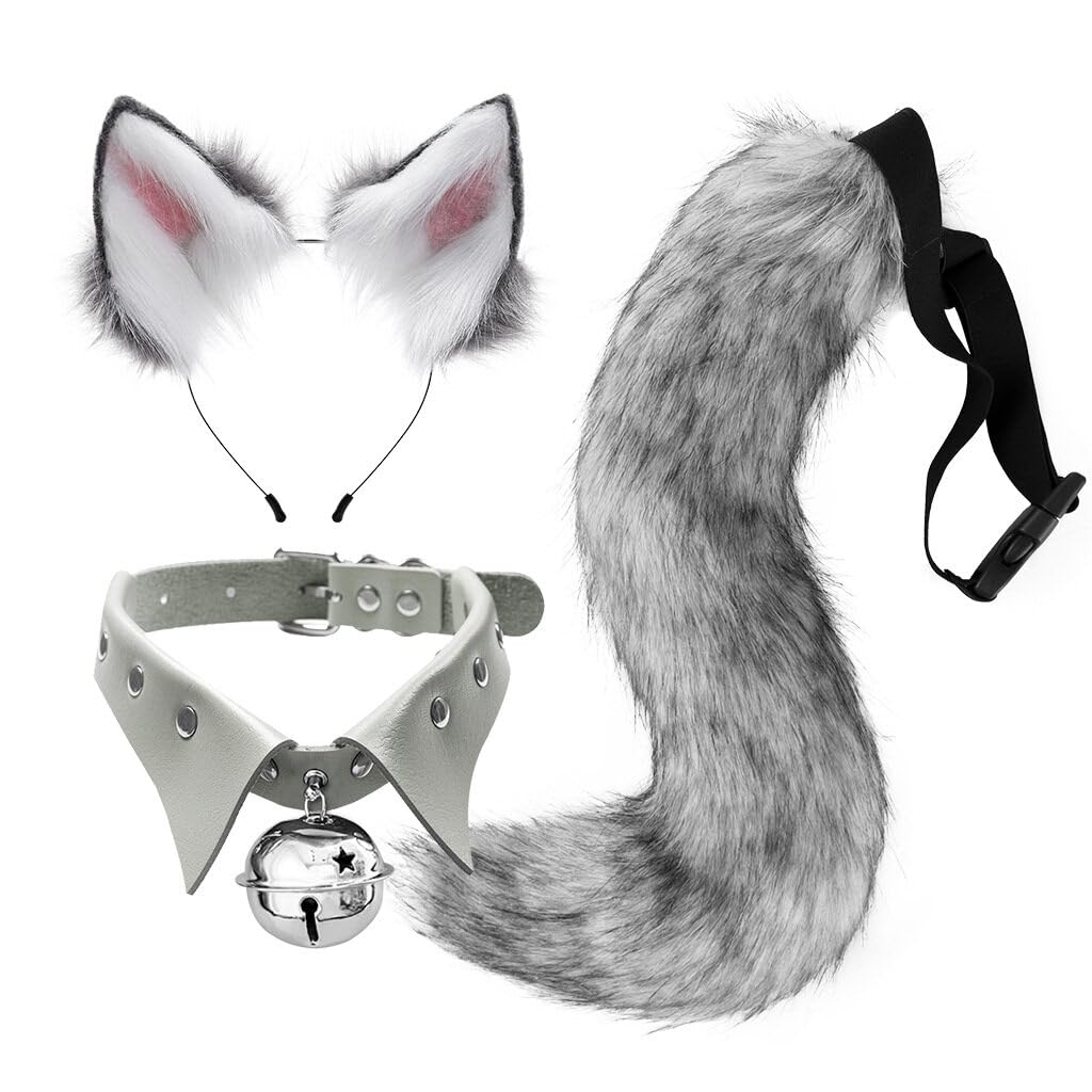 Uposao Tail and Ears Set Long Fox Tail Cosplay Faux Fur Furry Fox Wolf Tail Kit with Ears and Bells Collar for Anime Fancy Dress Party Halloween, Christmas, Costume Role Play