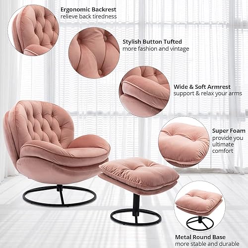 Miniatura 3 de Silla giratoria de terciopelo con juego otomano, moderna silla de salón con marco de base de metal y reposapiés, cómoda silla de lectura individual