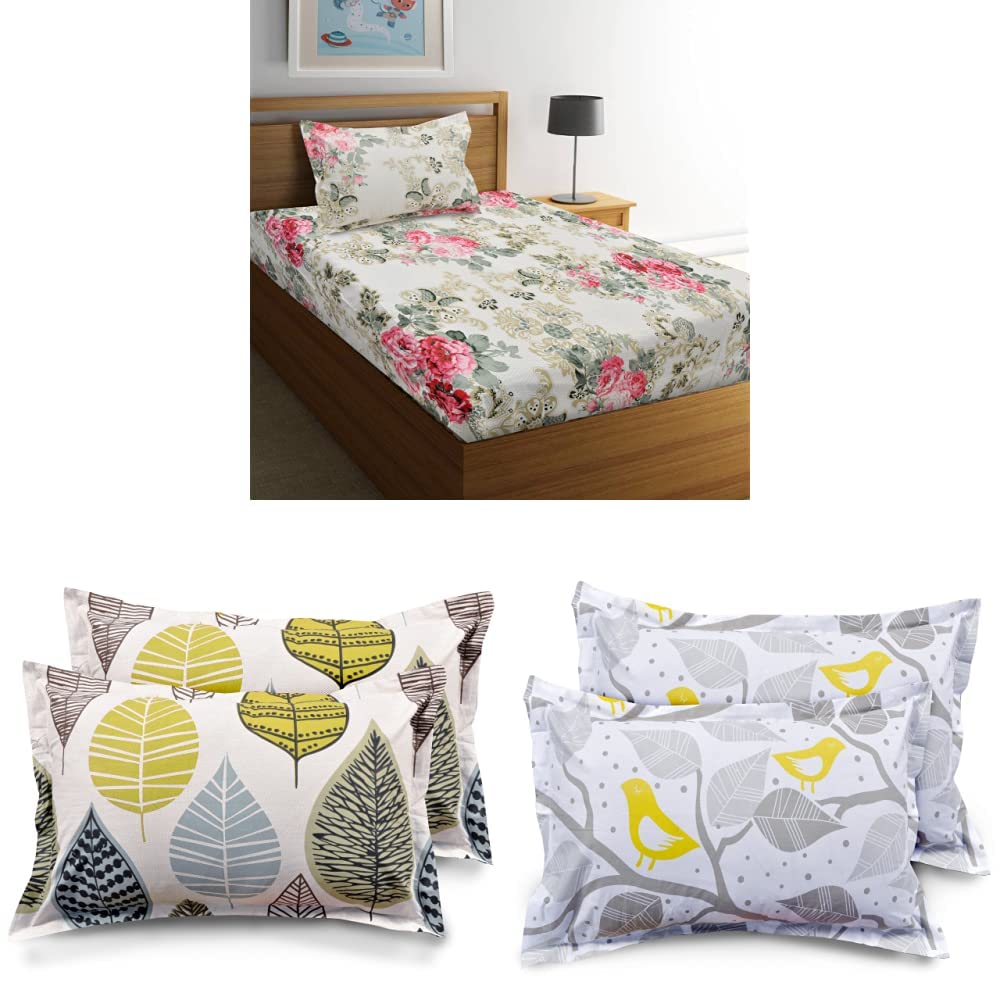 HUESLAND Bedsheet with 1 Pillow Cover - Beige, Pink, Green&Ahmedabad 2 Piece Pillow Cover Set - 18"x27", Beige, Green and Blue&Ahmedabad 2 Piece Cotton Pillow Cover Set - 18"x 27", Grey and Yellow