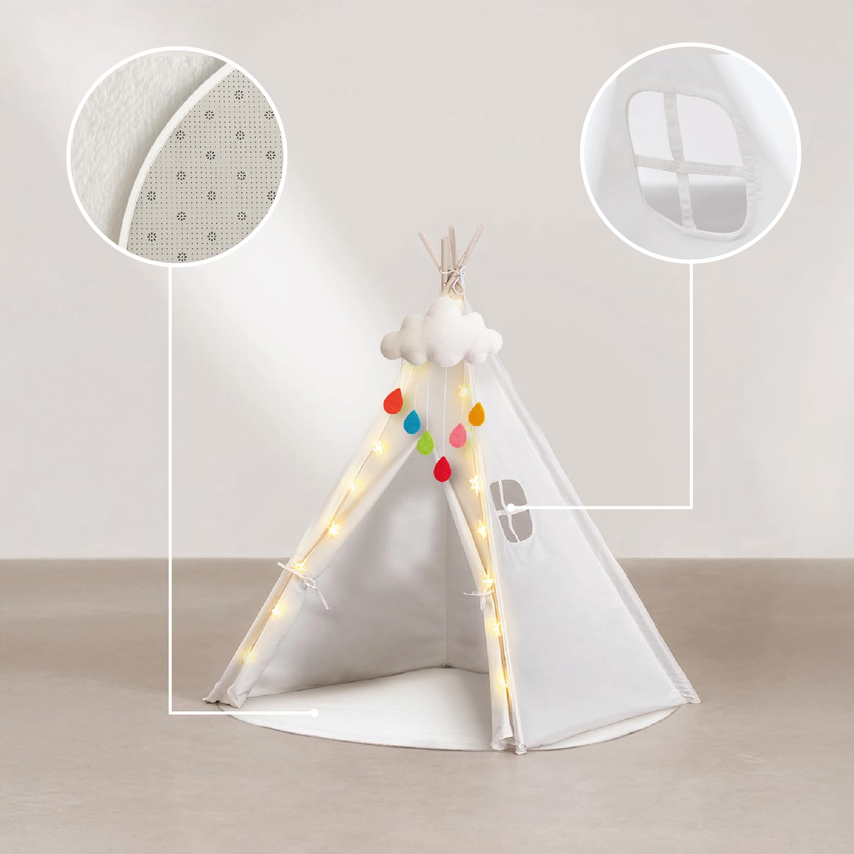 Buddy Baby Tipi - Tenda per lettino con luci a stella e peluche nuvola – Tappeto imbottito – Gioco interno esterno