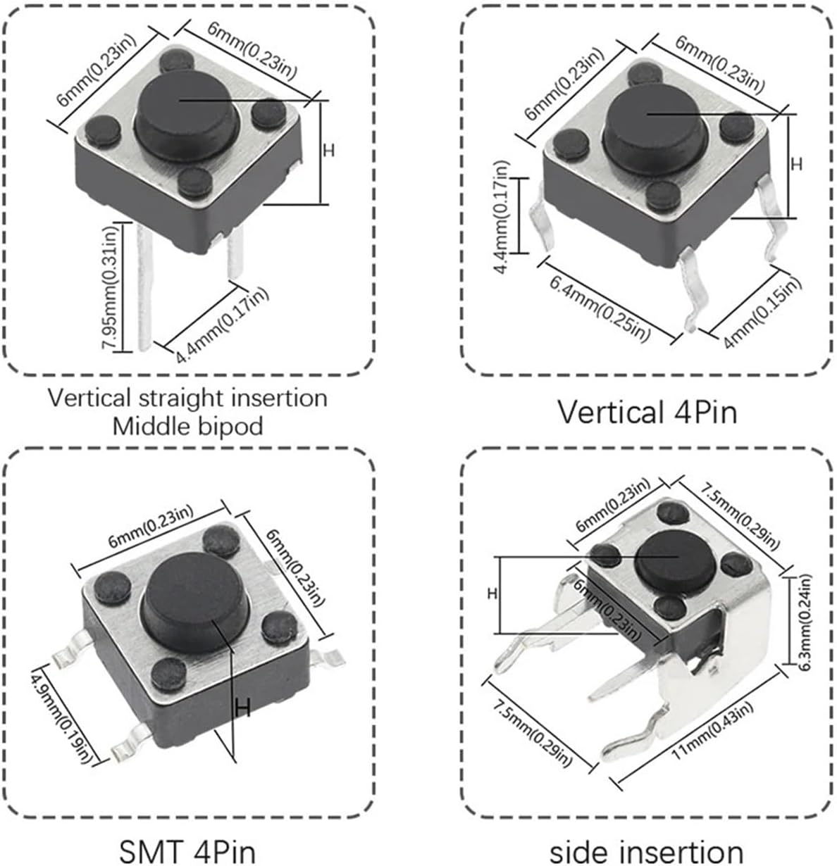 6 * 6 Tact Tactile Push Button Switch 4.3-13mm SMD DIP 2P/4Pin Switch 6x6 Keys Tact ON/OFF 10 Models for(100PCS 4P DIP)